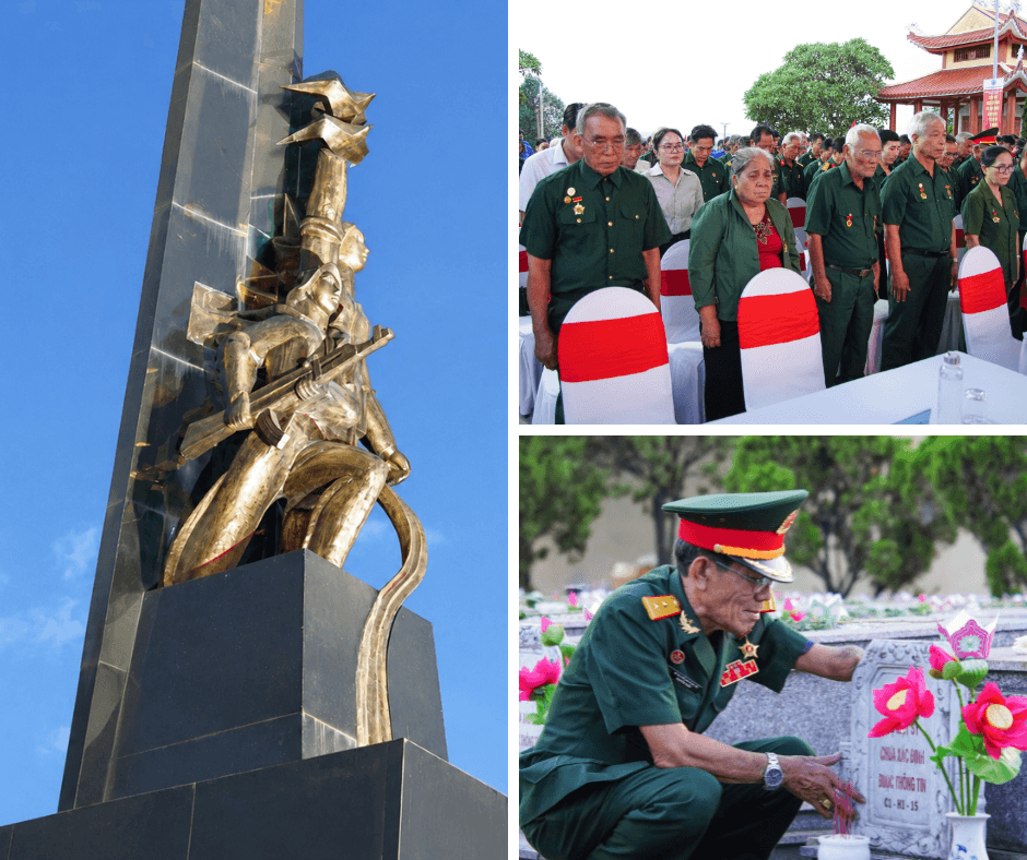Cựu chiến binh quỳ đặt hoa sen và thắp hương tại phần mộ liệt sĩ